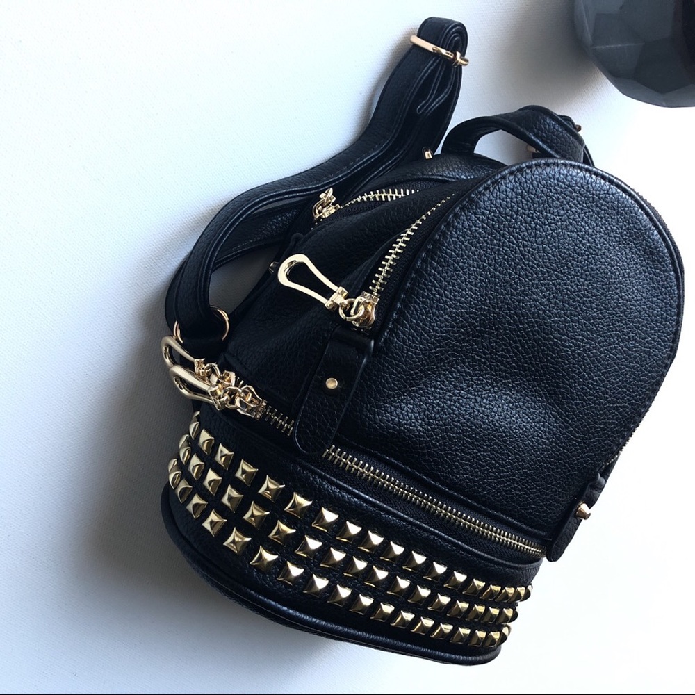 Black Vegan leather Mini backpack gold studs - Picture 5 of 8